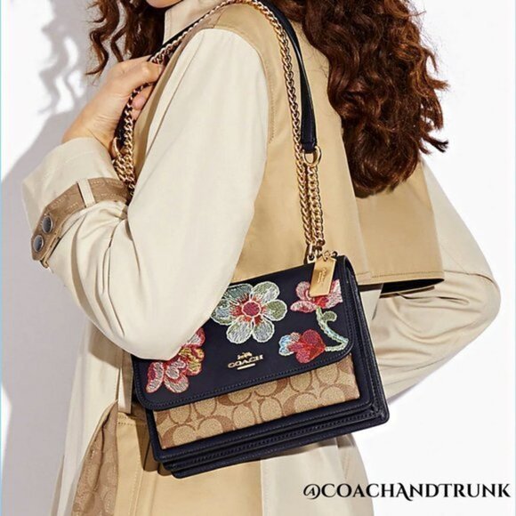 COACH Navy Leather Embroidered Dreamy Floral Klare Gold Accents & Strap NWT - Picture 12 of 12